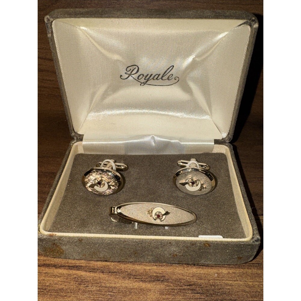Vintage Masonic Shriner Cuff Links Tie Bar Royale New in Box Gold Tone